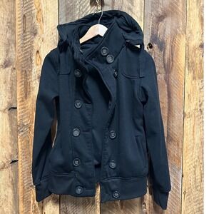 YOUNG USA Black Double Breasted Hooded Fleece Jacket Women's Size L